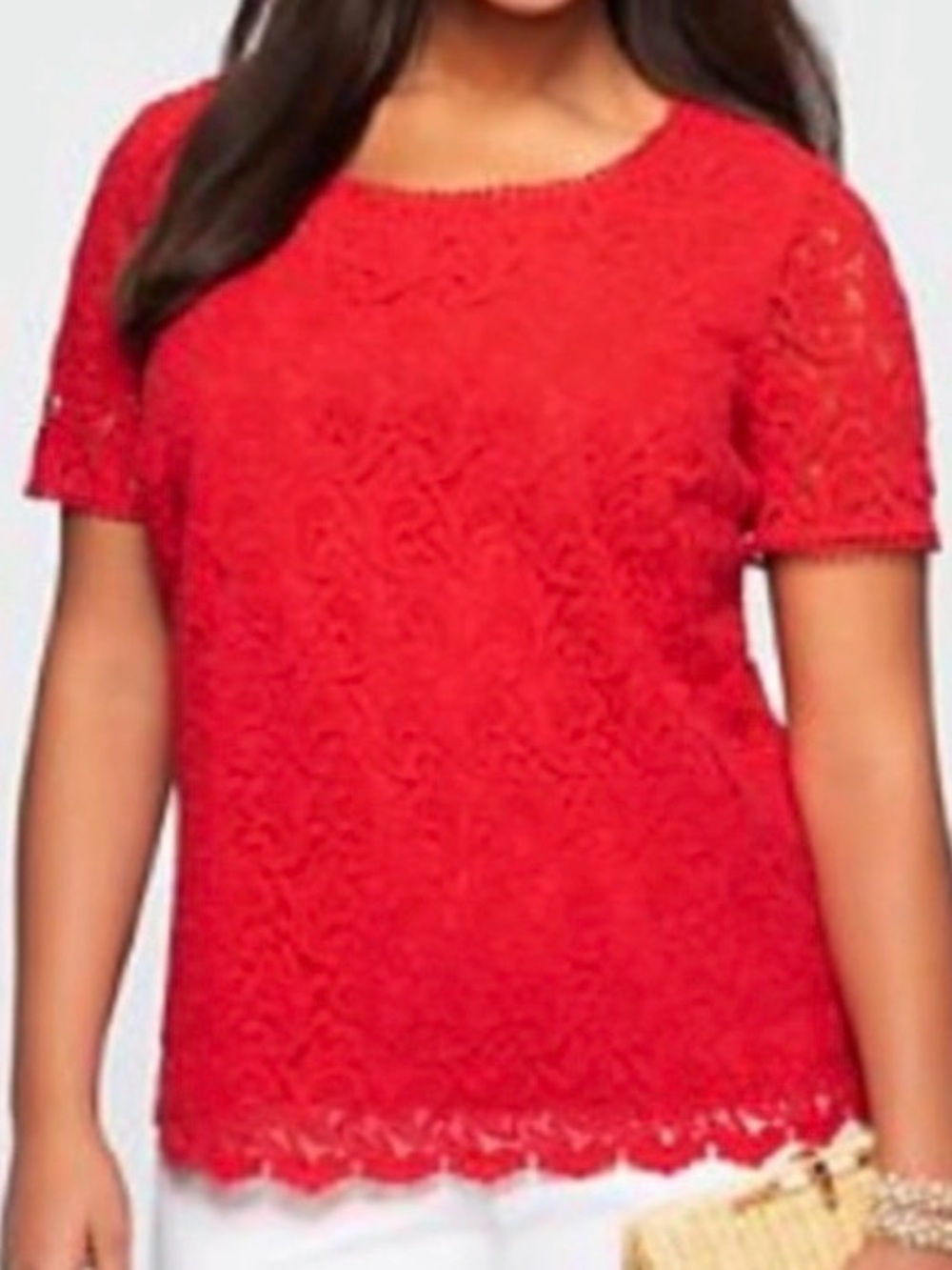 Talbots Red Embroidered Lace Overlay Short Sleeve Blouse
